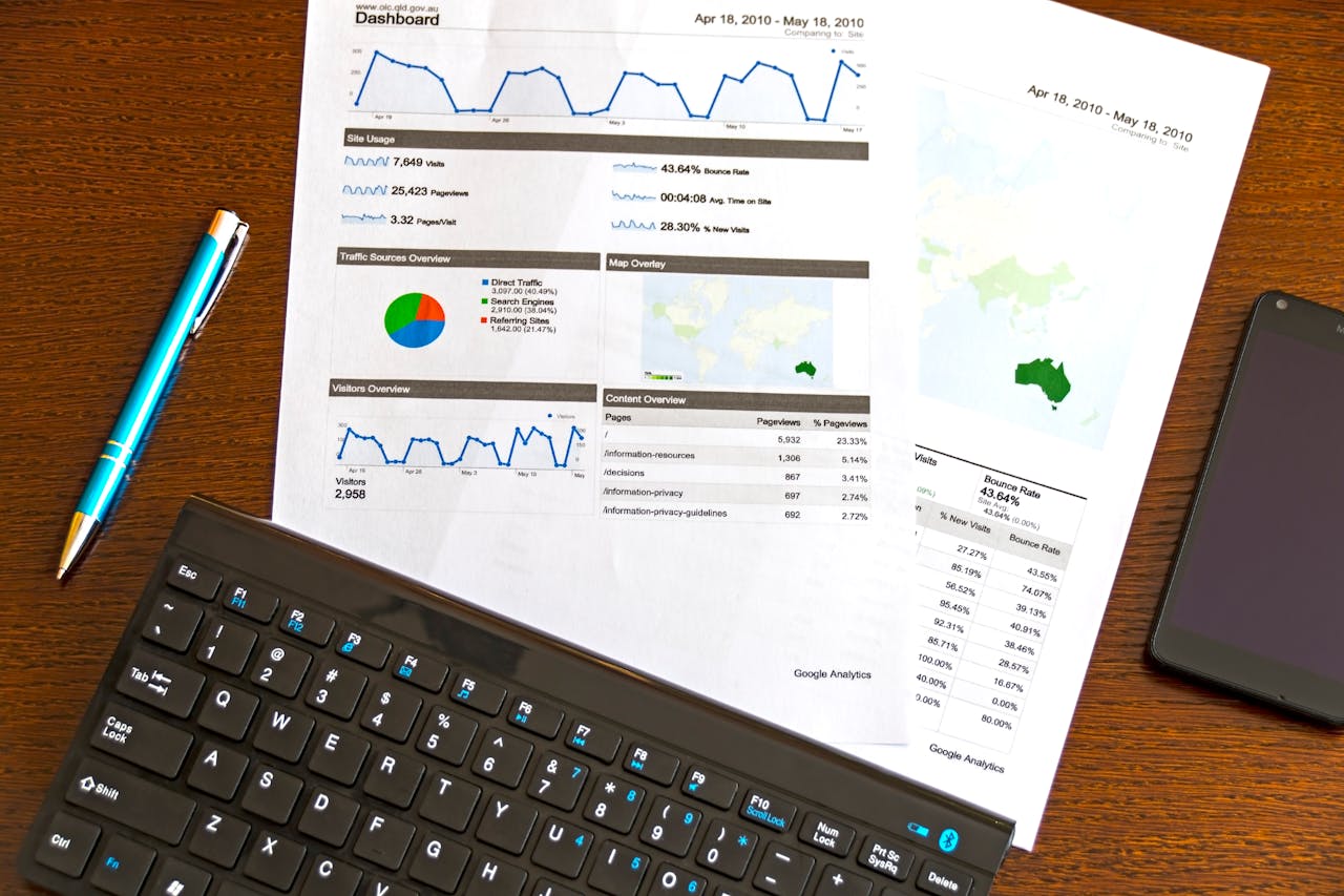 hero-img-02 Flatlay of a business analytics report, keyboard, pen, and smartphone on a wooden desk.
